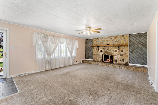 5342 Pleasant Unity Rd, Latrobe, PA 15650 - unfurnished living room with a ceiling fan, a fireplace, and carpet flooring