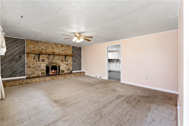5342 Pleasant Unity Rd, Latrobe, PA 15650 - unfurnished living room with carpet, a ceiling fan, and a fireplace
