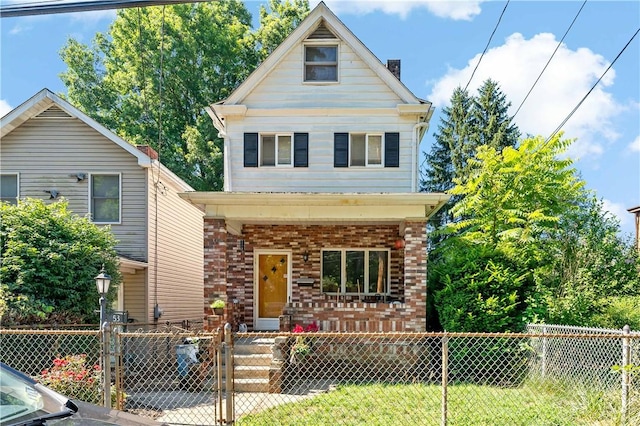 53 Fountain St, Crafton, PA 15205 - view of front of house with a porch, brick siding, a gate, and a fenced front yard