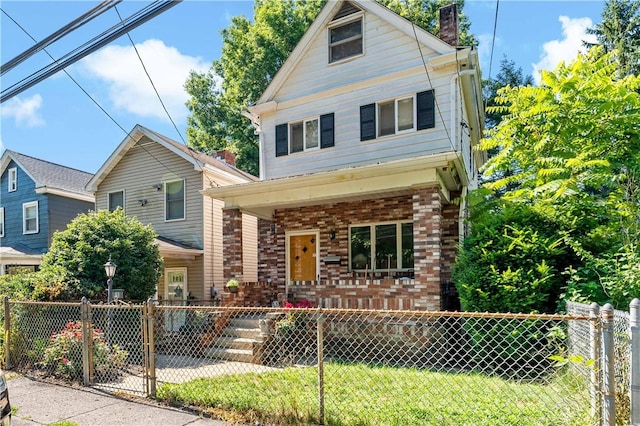 53 Fountain St, Crafton, PA 15205 - view of front of house with covered porch, a chimney, a fenced front yard, brick siding, and a gate