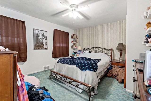 53 Fountain St, Crafton, PA 15205 - bedroom with carpet flooring, a ceiling fan, and wallpapered walls