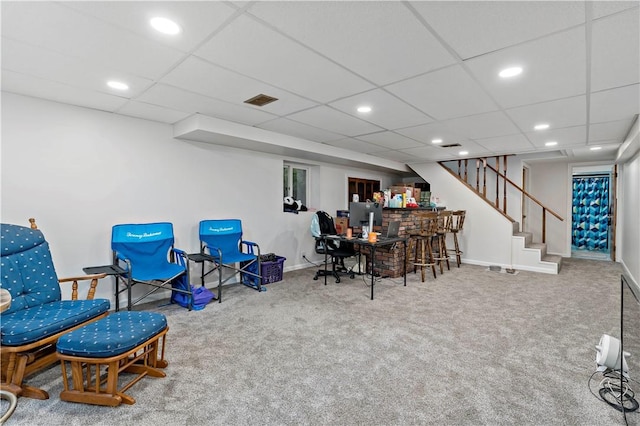 53 Fountain St, Crafton, PA 15205 - living area featuring carpet, stairway, a dry bar, recessed lighting, and a paneled ceiling