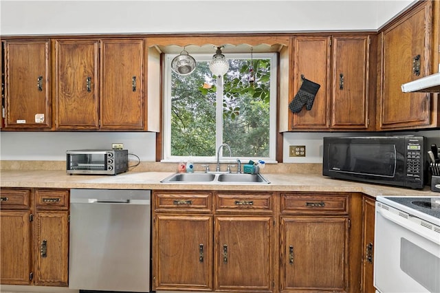 53 Fountain St, Crafton, PA 15205 - kitchen featuring stainless steel dishwasher, black microwave, electric range, and light countertops