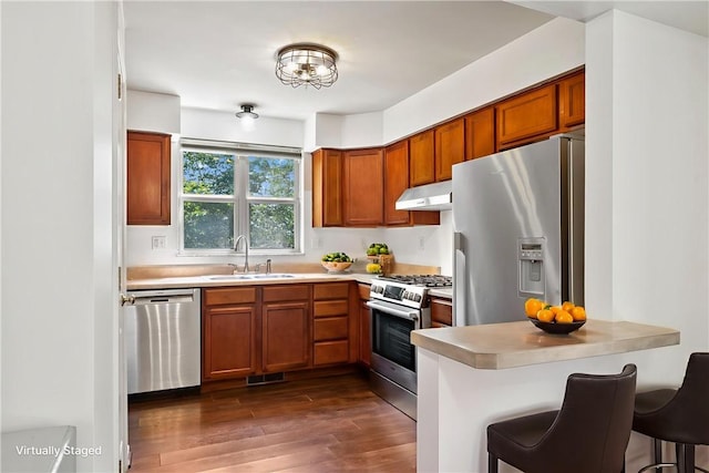 301 N Winebiddle St, Garfield, PA 15224 - kitchen with stainless steel appliances, under cabinet range hood, a peninsula, dark wood-type flooring, and brown cabinets