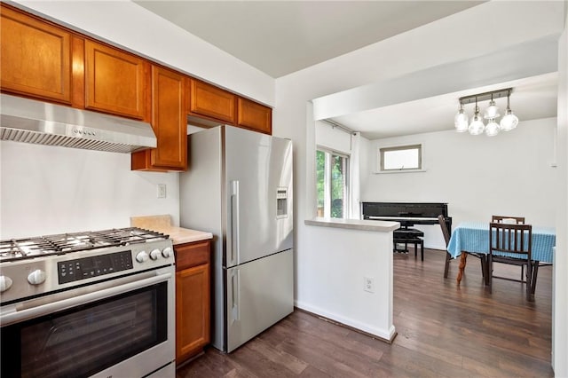 301 N Winebiddle St, Garfield, PA 15224 - kitchen with under cabinet range hood, stainless steel appliances, brown cabinetry, and dark wood-style flooring
