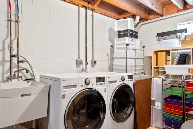301 N Winebiddle St, Garfield, PA 15224 - laundry room featuring washing machine and dryer and concrete block wall