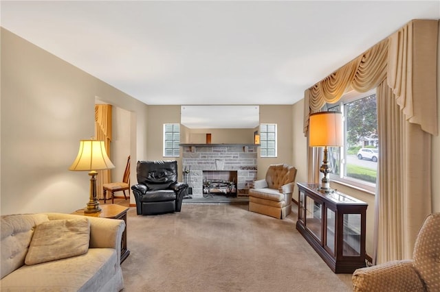 1919 Outlook Dr, Penn Hills, PA 15147 - carpeted living area with a fireplace
