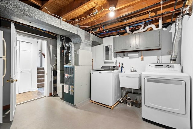 1214 Regency Dr, Mccandless, PA 15237 - unfinished basement with washing machine and clothes dryer, heating unit, and stairs