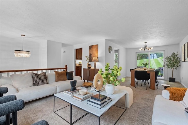 1214 Regency Dr, Mccandless, PA 15237 - living room with a chandelier, a textured ceiling, and carpet