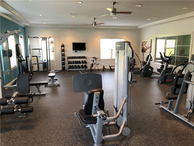 504 Nolan Cir, Cranberry Twp, PA 16066 - workout area featuring crown molding, a ceiling fan, and recessed lighting