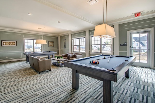504 Nolan Cir, Cranberry Twp, PA 16066 - game room with a decorative wall, pool table, carpet flooring, crown molding, and healthy amount of natural light