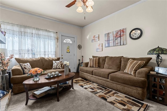 422 Ella St, Bloomfield, PA 15224 - carpeted living room featuring a ceiling fan and crown molding