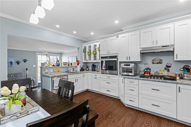 422 Ella St, Bloomfield, PA 15224 - kitchen featuring stainless steel appliances, under cabinet range hood, ornamental molding, white cabinetry, and dark wood-type flooring