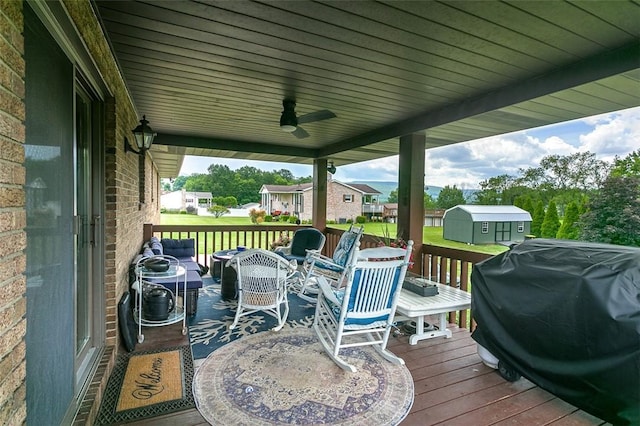 334 Park St, North Union Twp, PA 15401 - wooden deck with a shed, area for grilling, ceiling fan, outdoor lounge area, and a residential view