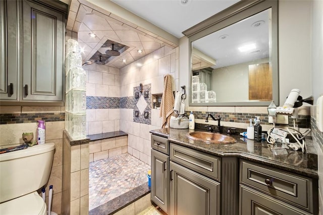 334 Park St, North Union Twp, PA 15401 - full bathroom featuring vanity, decorative backsplash, tiled shower, and recessed lighting