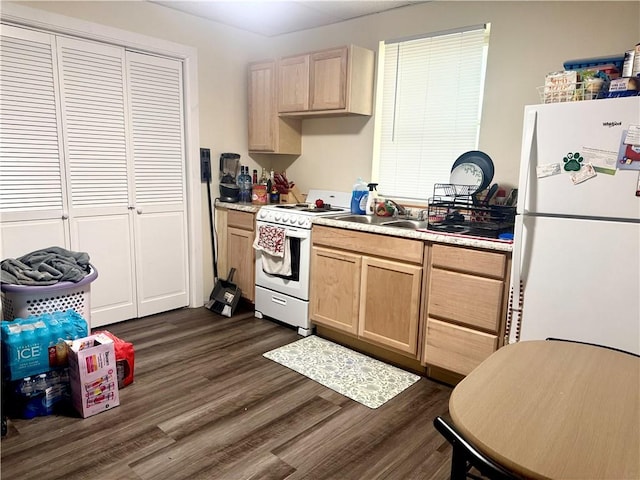 230 E Water St, Slippery Rock Boro, PA 16057 - kitchen featuring white appliances, light brown cabinets, dark wood-style floors, and light countertops