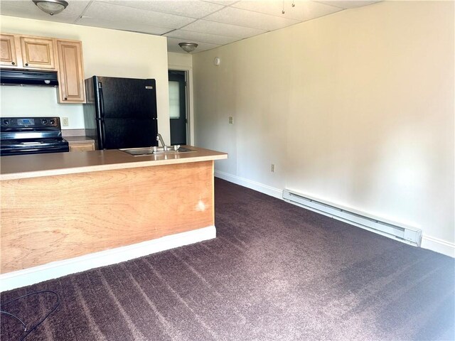 230 E Water St, Slippery Rock Boro, PA 16057 - kitchen with black appliances, exhaust hood, a baseboard heating unit, dark carpet, and light brown cabinetry