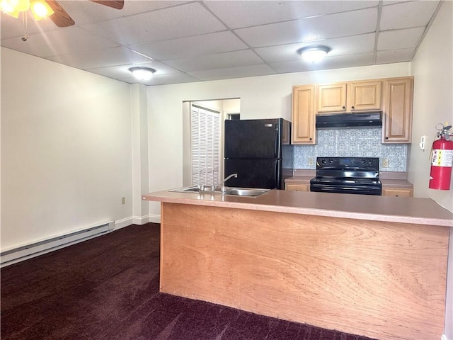 230 E Water St, Slippery Rock Boro, PA 16057 - kitchen featuring black appliances, under cabinet range hood, baseboard heating, a paneled ceiling, and light brown cabinets