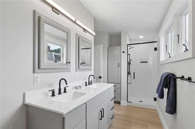 1211 Boyle St, Central North Side, PA 15212 - full bath featuring double vanity, a stall shower, wood finished floors, and recessed lighting