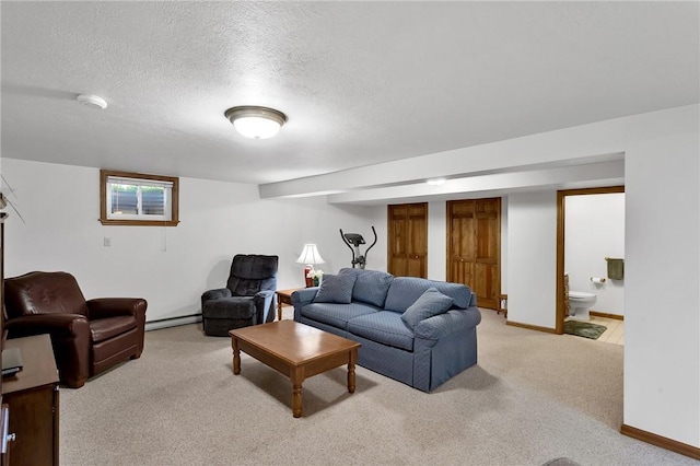 2899 E Elfinwild Rd, Hampton, PA 15101 - living room with light carpet, baseboard heating, and a textured ceiling