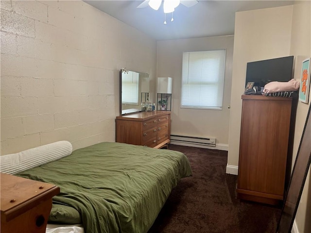 250 E Water St, Slippery Rock Boro, PA 16057 - bedroom with a baseboard heating unit, dark colored carpet, a ceiling fan, and concrete block wall
