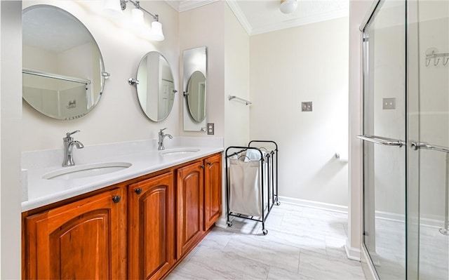 489 Jenny Dr, Richland, PA 15044 - bathroom featuring ornamental molding, marble finish flooring, double vanity, and a shower with shower door
