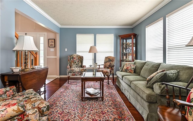 489 Jenny Dr, Richland, PA 15044 - living room featuring a textured ceiling, wood finished floors, healthy amount of natural light, and crown molding
