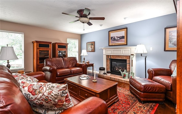 489 Jenny Dr, Richland, PA 15044 - living room with wood finished floors, ceiling fan, and a fireplace