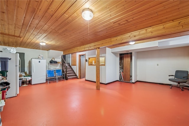 982 Braddock Rd, Forest Hills Boro, PA 15221 - finished below grade area with freestanding refrigerator, wood ceiling, and stairway