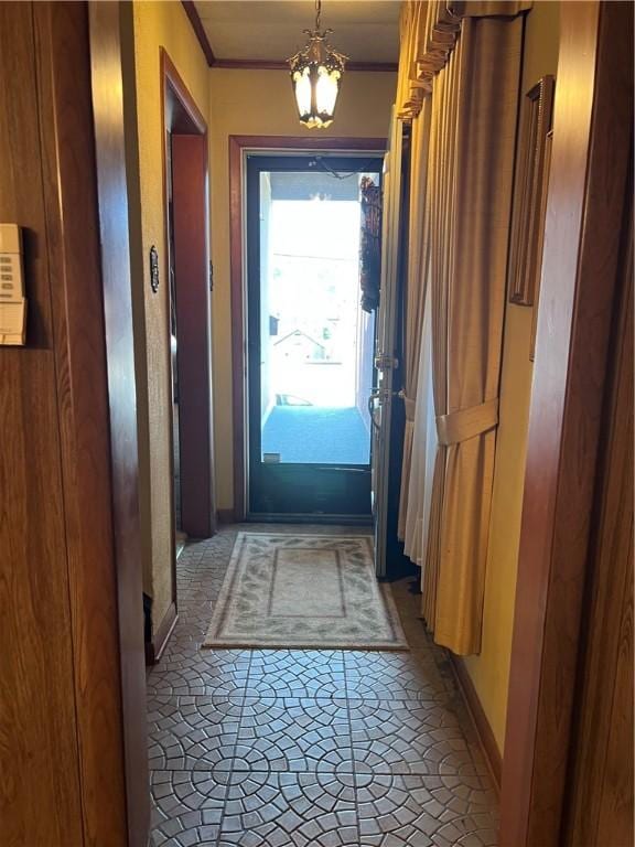 229 Fallowfield Ave, Charleroi Boro, PA 15022 - doorway to outside with crown molding and a chandelier