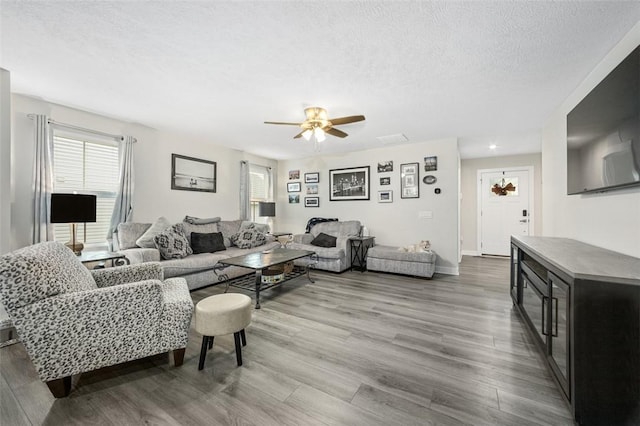 329 Nelson Dr, Monroeville, PA 15146 - living room featuring wood finished floors, healthy amount of natural light, a textured ceiling, and a ceiling fan
