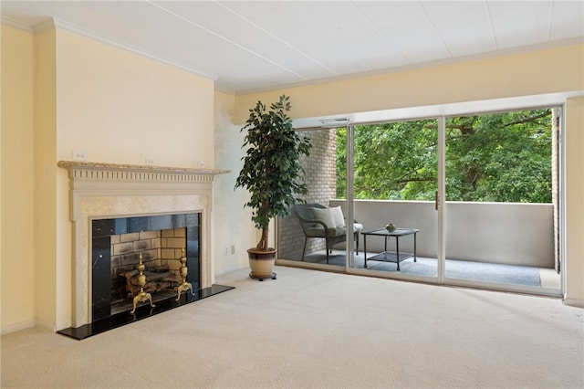 53 Highland Rd Unit 403-404, Bethel Park, PA 15102 - living area with carpet flooring, a fireplace with raised hearth, and crown molding