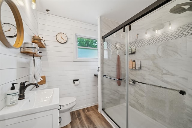 1021 Beechnut St, West Deer, PA 15084 - bathroom with a shower stall, vanity, wood finished floors, and wood walls