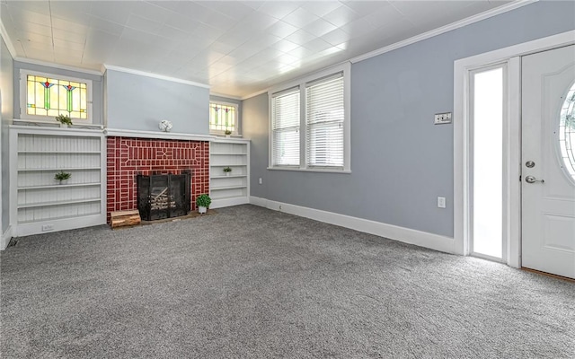 112 Fisk Ave, Avalon, PA 15202 - unfurnished living room with ornamental molding, carpet, and a fireplace