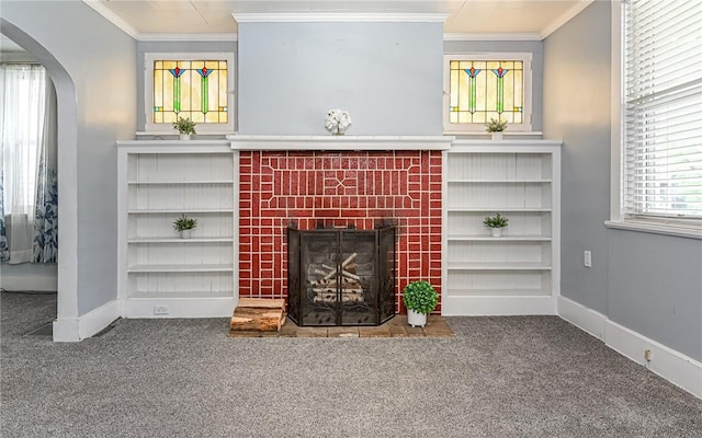 112 Fisk Ave, Avalon, PA 15202 - unfurnished living room with carpet, ornamental molding, arched walkways, and a fireplace