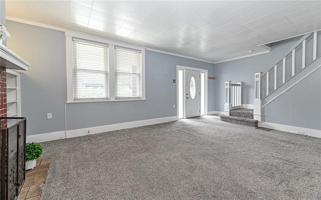 112 Fisk Ave, Avalon, PA 15202 - unfurnished living room with carpet, stairs, and crown molding