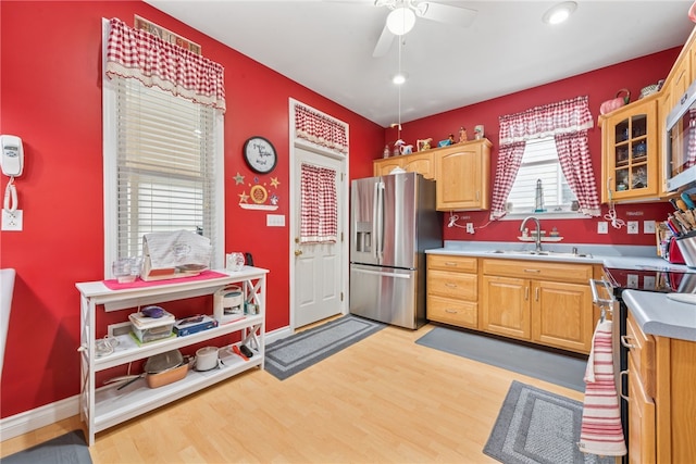 332 S Chestnut St, Scottdale, PA 15683 - kitchen with appliances with stainless steel finishes, light wood-type flooring, ceiling fan, light countertops, and recessed lighting