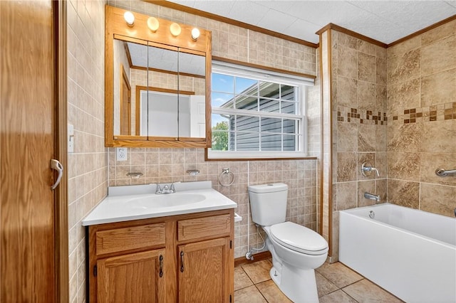 235 Telegraph Rd, Luzerne Twp, PA 15417 - full bathroom featuring vanity, tile walls, tile patterned floors, ornamental molding, and  shower combination