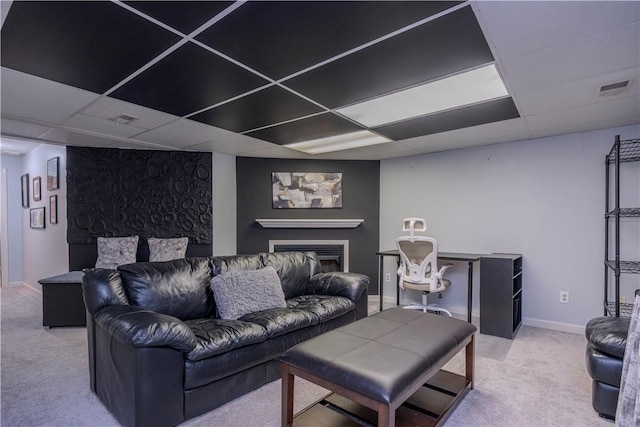 115 Westbrooke Ln, Findlay Twp, PA 15108 - carpeted living room with a drop ceiling and a fireplace