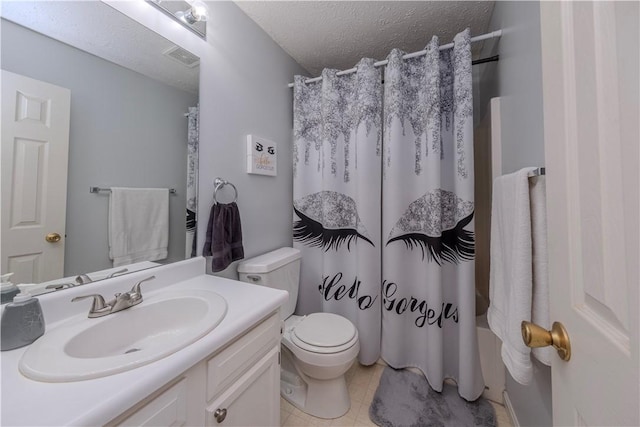 115 Westbrooke Ln, Findlay Twp, PA 15108 - bathroom featuring vanity, tile patterned flooring, shower / bath combo with shower curtain, and a textured ceiling