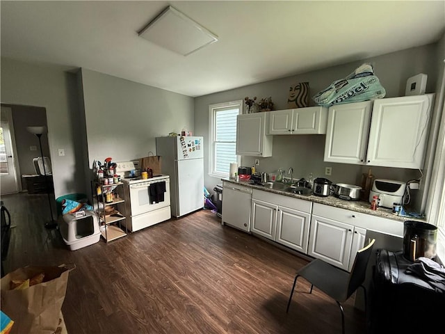 1336 Complete St, Marshall Shadeland, PA 15212 - kitchen featuring white appliances, dark wood-style flooring, and white cabinets