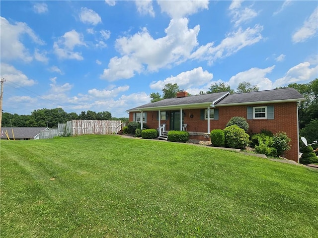 323 Hoon Rd, Oakland Twp, PA 16001 - ranch-style home featuring brick siding, a chimney, and a porch