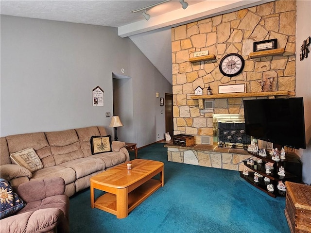 323 Hoon Rd, Oakland Twp, PA 16001 - carpeted living room featuring a stone fireplace and rail lighting