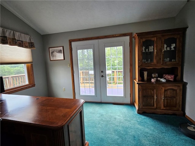 323 Hoon Rd, Oakland Twp, PA 16001 - entryway with carpet, plenty of natural light, french doors, and vaulted ceiling