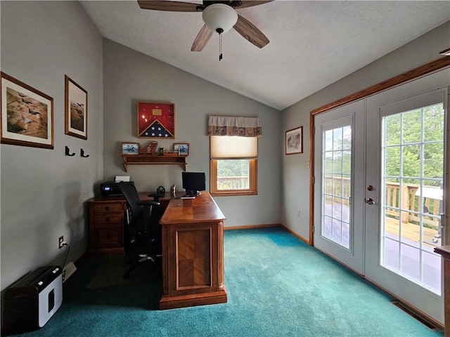 323 Hoon Rd, Oakland Twp, PA 16001 - office area with lofted ceiling, french doors, light carpet, and a ceiling fan