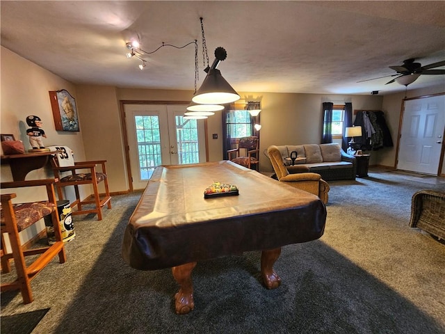 323 Hoon Rd, Oakland Twp, PA 16001 - recreation room featuring dark colored carpet, billiards, french doors, and a ceiling fan