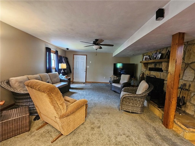 323 Hoon Rd, Oakland Twp, PA 16001 - living area with carpet floors, a fireplace, and ceiling fan
