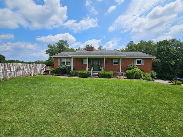 323 Hoon Rd, Oakland Twp, PA 16001 - ranch-style home featuring brick siding, covered porch, and a chimney