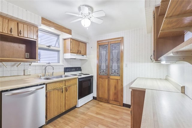 357 Keystone Dr, New Kensington, PA 15068 - kitchen featuring stainless steel dishwasher, electric stove, open shelves, under cabinet range hood, and light countertops