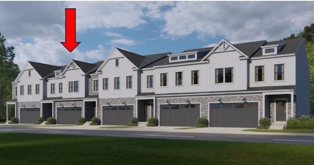 133 Quail Run Rd, Unit Peters Twp, PA 15367 - townhome / multi-family property with stone siding, an attached garage, board and batten siding, and a front yard